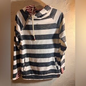 AMPERSAND AVE Striped Hoodie with Red Highlights double hoodie L Y2K streetwear